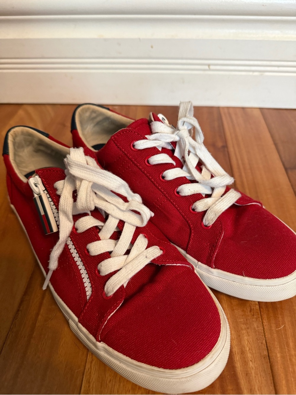 Tommy Hilfiger Women’s Red Canvas Sneaker with Navy Insole and White Trim - Picture 2 of 6